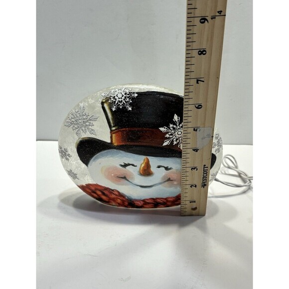 Stony Creek Decorative Lighted Glass Snowman Top Hat Scarf 6" Saucer Painted - Picture 5 of 7